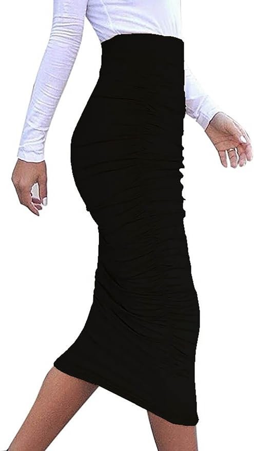 Vivicastle Women's USA Ruched Frill Ruffle High Waist Pencil Mid-Calf Skirt