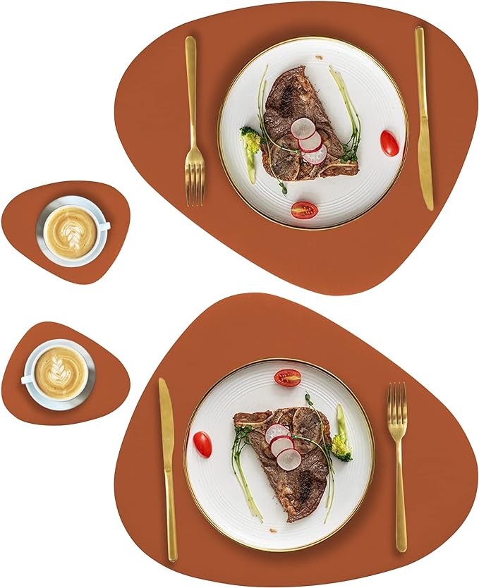 Faux Leather Placemats and Coasters Set, Round Leather for Dinner Table Mats Heat Resistant Washable Insulation Coffee Mats Kitchen Place Mats Nordic Style (Brown, 2 Placemats+2 Coasters)