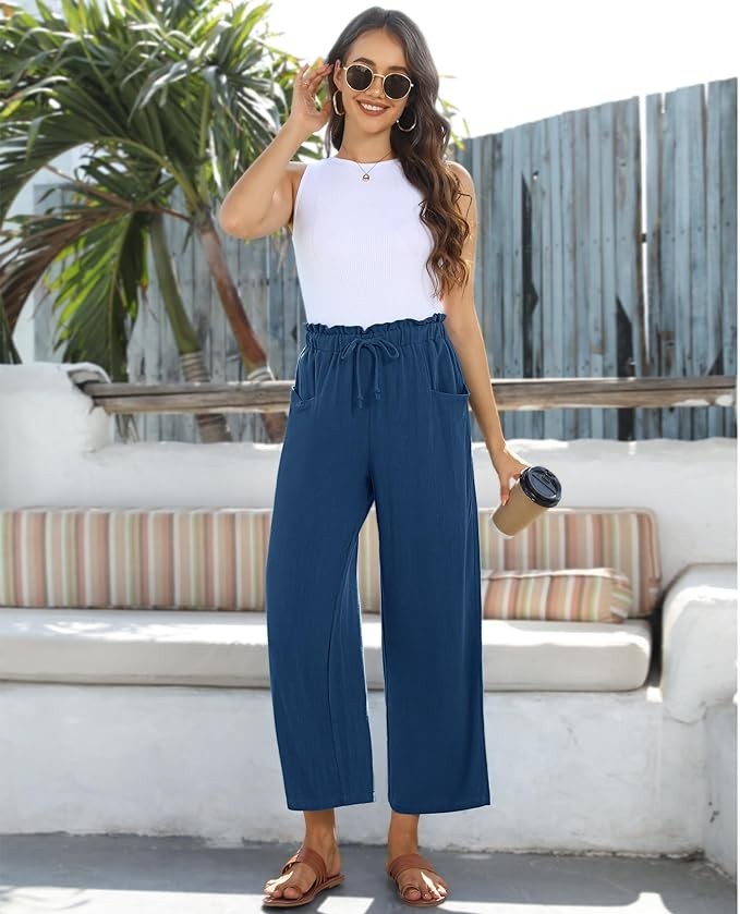 siliteelon Wide Leg Linen Pants for Women Summer Capri Palazzo Flowy Pants Casual Loose High Waist Trousers with Pockets