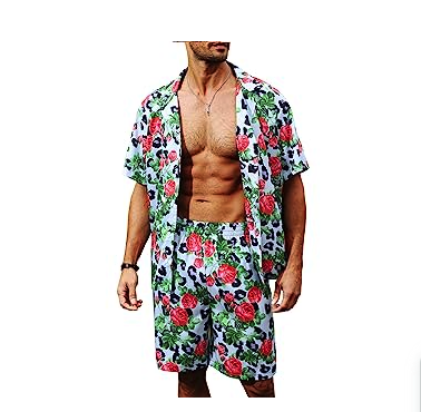 LUCKYOUNG Men's Hawaiian Shirt and Short Set 2 Piece Short Sleeve Button Down Shirt Beach Vacation Outfits for Men Suit Sets