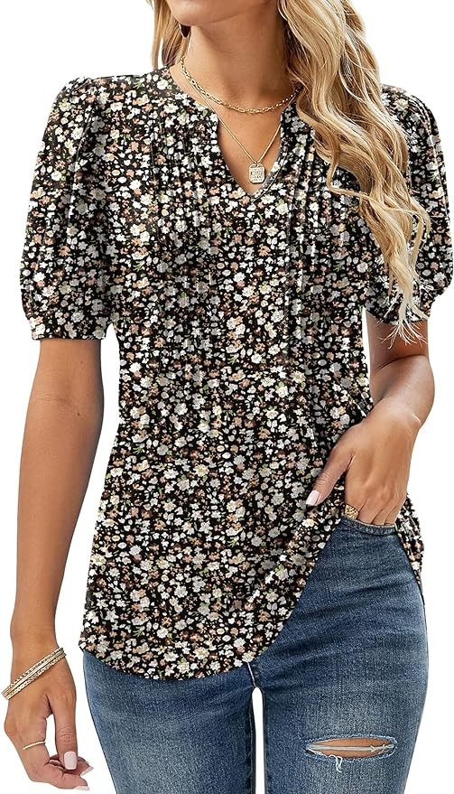 Micoson Womens V Neck Puff Short Sleeve Pleated T Shirts Fashion Summer Tops Casual Tunic Blouse