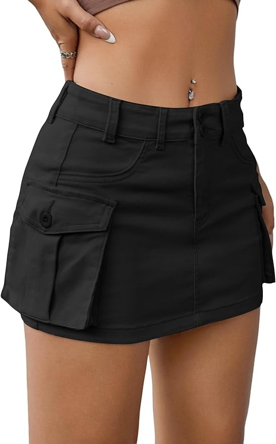 EARKOHA Women's Mini Cargo Skirt Y2K Low Waist Button Short Skirt Bodycon Denim Jean Skirt with Flap Pockets