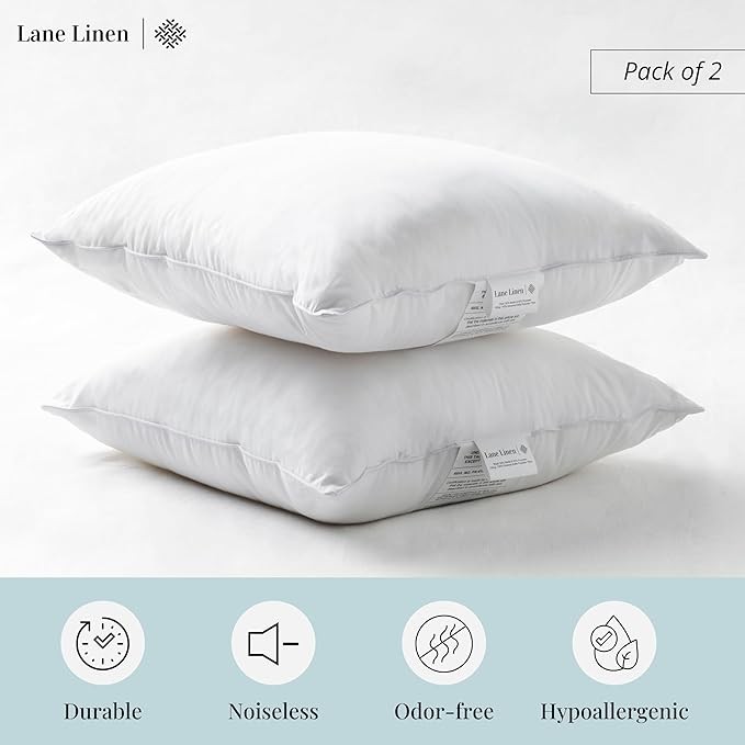 LANE LINEN 18 x 18 Throw Pillow Insert - Pack of 2 White, Down Alternative Pillow Inserts for Decorative Pillow Covers, Throw Pillows for Bed, Couch Pillows for Living Room