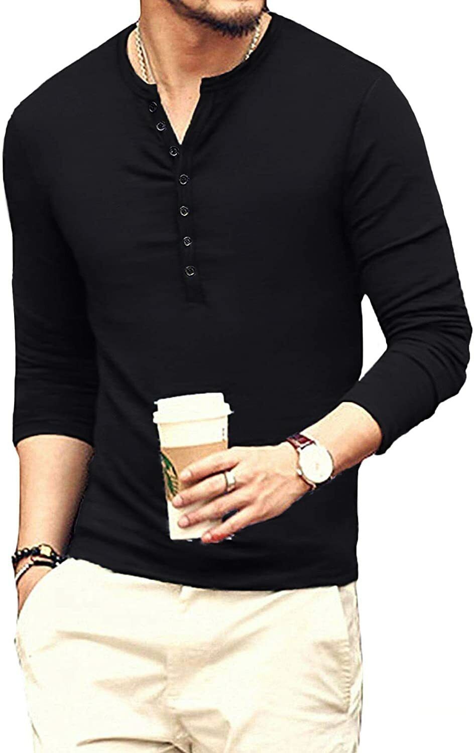 Mens Casual Slim Fit Basic Henley Long Sleeve Fashion T-Shirt