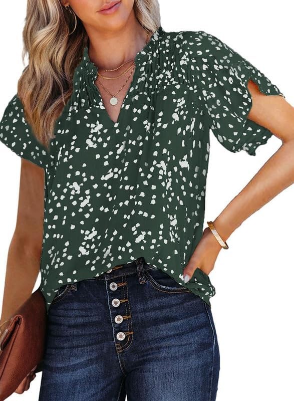 Dokotoo Women's Casual V Neck Alicia Floral Print Smocked Short Sleeve Chiffon Blouses Bohemian Top Shirts