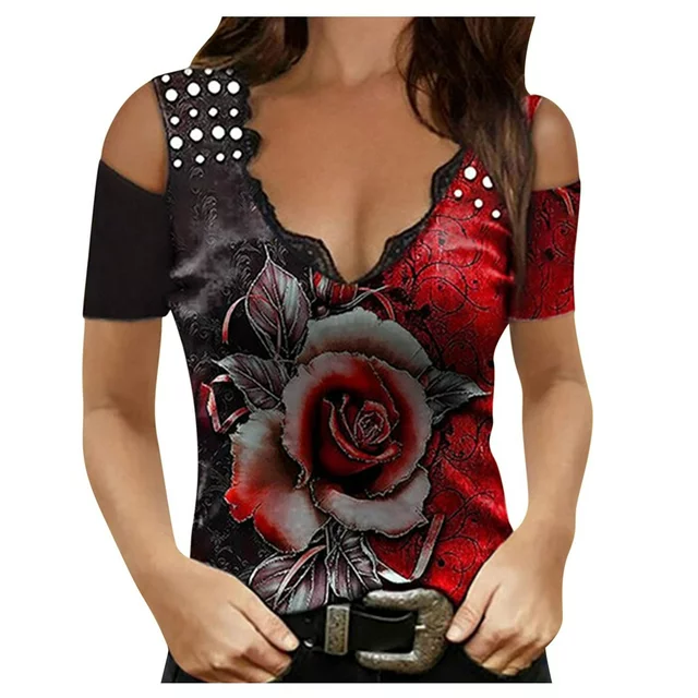 BELLZELY Womens Shirts Short Sleeve Clearance Women's Broken Floral Printed Loose V-Neck Short Sleeve Tunic Shirt Blouse Tops
