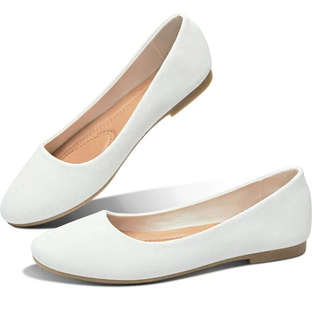 Obtaom Women's Round Toe Ballet Flats,Cute Textile Ballerina Flats,Comfortable Faux Leather Insole Low Heels Dress Shoes For Ladies (White,US9)