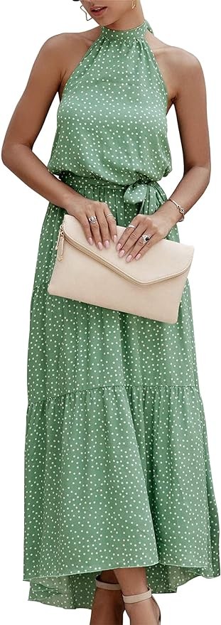 Pretty Garden Womens Halter Neck Floral Backless Loose Ruffle Maxi Dress