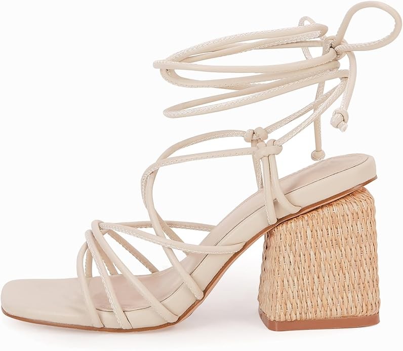PiePieBuy Women's Lace Up Chunky Braided Heel Sandals Square Toe Strappy Ankle Strap Heels