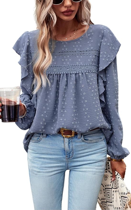 Pretty Garden Womens 2023 Fall Swiss Dot Crochet Loose Fit Tunic Top