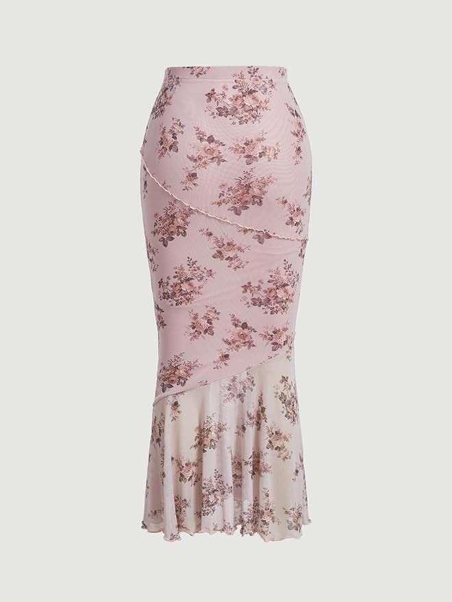 Verdusa Women's Floral Print High Waist Bodycon Ruffle Hem Fishtail Long Skirt