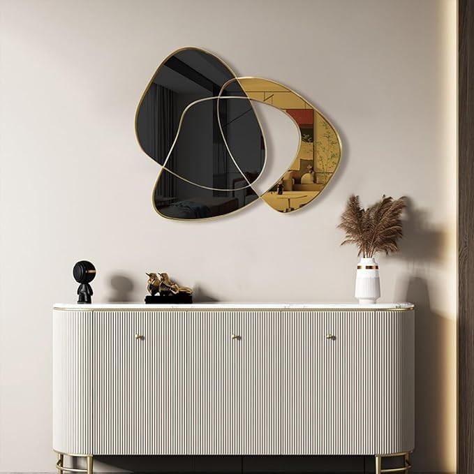 Metal Wall Art Modern Wall Mirror Decor Unique Irregular Wall Decor Aesthetic 32"×30"Large Abstract Wall Decoration for Living Room Bedroom Office Vintage Home Decor Wall Sculpture Black & Gold