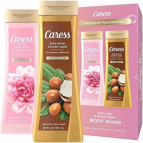 Caress Body Wash Set, Shea Butter & Brown Sugar + Daily Silk White Peach & Orange Blossom Moisturizing Body Wash for Gorgeous, Radiant Skin, Body Soap Liquid Set, 20 Fl Oz (2 Piece Set)