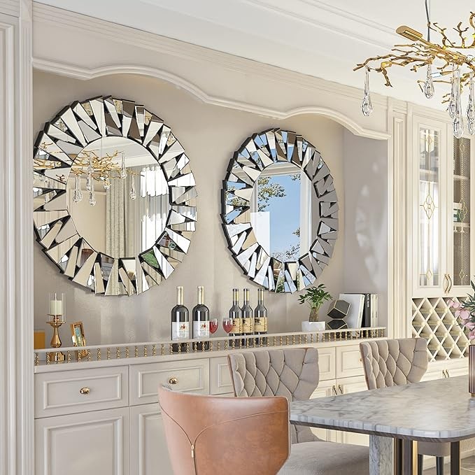 Artloge Round Decorative Mirror Wall: 32 inch Large Silver Vanity with Beveled Glass Frame Edge and Back for Modern Home Mirrored Art Accent Decor Bathroom Bedroom Living Room