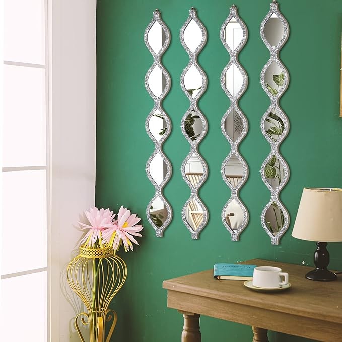 BBTO Teardrop Mirror Wall Decor Decorative Mirror Rustic Crush Diamond Mirrors Wall Decor Farmhouse Decorative Long Mirror for Bathroom Bedroom Entryway Apartment Living Room (Silver, 4 Pcs)