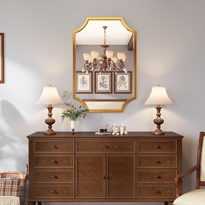 Kelly Miller 24"x36" Gold Mirror for Wall, Gold Scalloped Mirror Vanity Mirror Decorative Wall Mirror Art Beveled Framed for Master Bath Half Bath Living Room Fireplace Mantle Hallyway Entryway