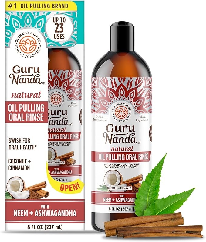 GuruNanda Ashwagandha Oil Pulling (8 Fl Oz) - 100% Pure Blend of Coconut with Essential Oils & Vitamins - Supports Healthy Teeth & Gums & Fresh Breath
